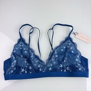 Understance Bralette Bra Triangle Lace Poseidon Blue Sheer Star Print Satin Dark